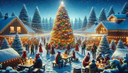 DALL·E 2023-12-23 19.26.41 - An outdoor Christmas beer party set in a snowy landscape. The scene features a large, splendidly decorated Christmas tree, standing tall against the s.png